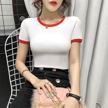 Moda Nov O vratu korejski Čistega Bombaža T-srajce, Dekleta, Ženske Seksi Top Osnovne Srajce Tee ženska tshirts