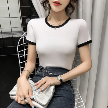 Moda Nov O vratu korejski Čistega Bombaža T-srajce, Dekleta, Ženske Seksi Top Osnovne Srajce Tee ženska tshirts