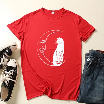Moda Rdeče Majice ženska Oblačila 2021 Novo Poletje Moda za Ženske Mačke Tiskanja Kratek Rokav Ohlapno Majico Vrhovi Tshirt Bluzo Femme