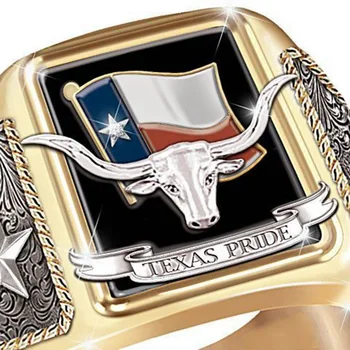 Moda Texas Ponos Bika Pentagram Logotip Iz Nerjavečega Jekla Moški Zlati Punk Obroči Preprost Nakit Za Moške Zaročni Prstan Nas Size7-13