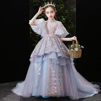 Moda Vezenje Princesa Haljo Sequins Številk Prikrojevanja Cvet Dekle Obleko Flare Rokav Turtleneck Žogo Obleke Za Rojstni Dan