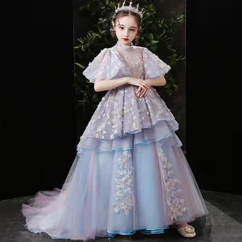Moda Vezenje Princesa Haljo Sequins Številk Prikrojevanja Cvet Dekle Obleko Flare Rokav Turtleneck Žogo Obleke Za Rojstni Dan