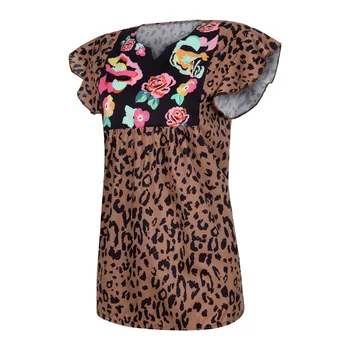 Moda za Ženske Srčkan Print Cisterne Ruffles Kratek Rokav Leopard Cvet Mozaik Puloverju Priložnostne Dnu Srajco Telovnik Vrh Футболка
