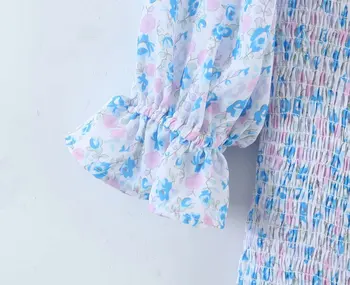 Modra cvjetnim Natisne Ruffle Mini Obleka Smocked puff rokavi poletje srčkan obleko okoli vratu seksi ženske obleke nove 2021
