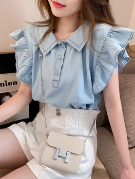 Modra design shirt ženski korejskem slogu 2020 poletje nova lutka ovratnik sladko, ki plujejo pod rokav bluzo priložnostne vrhovi za ženske