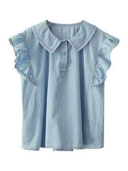 Modra design shirt ženski korejskem slogu 2020 poletje nova lutka ovratnik sladko, ki plujejo pod rokav bluzo priložnostne vrhovi za ženske