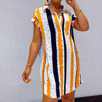 Modra oranžna pika prugasta tiskanja mini shirt obleko Ženske kratek rokav gumb navzdol obleko 2021 Poletje ženske afriške obleko Priložnostne robe