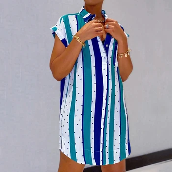 Modra oranžna pika prugasta tiskanja mini shirt obleko Ženske kratek rokav gumb navzdol obleko 2021 Poletje ženske afriške obleko Priložnostne robe