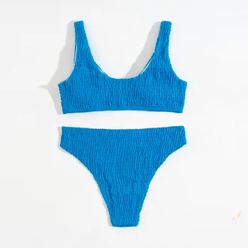 Modre Ženske Kopalke barva Dva Kosa Brazilski Seksi Kopalke Gub tkanine Poletni Plaži, bazen Ženske kopalke