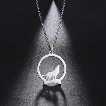 Moj Oblike iz Nerjavečega Jekla Ogrlica za Ženske, Moške Izdolbla Wolf Na Hribu Luna Živali Obesek Ogrlice Choker Modni Nakit