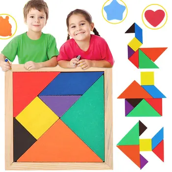 Montessori Lesene Tangram 7 Kos Sestavljanke Pisane Kvadratnih IQ Igre, IQ Igre Možganov Teaser Igrače za Otroke Darila za Rojstni dan