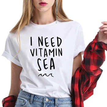 Moram vitamina morje Žensk, Kratek rokav t-shirts Bombaž igri Smešno zgoraj tees Pismo tiskanja Grafika O vratu Tshirt Padec ladijskega prometa