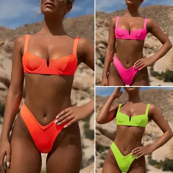Mossha Neon bikini 2019 Visoko pasu, ženske kopalke push up Kopalke ženske belušno kopalcev visoko izreži proti obleko poletje plažo