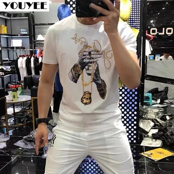 Moške majice Shinning Luksuzni Vroče Moda Človek Ulične Priložnostne Kratka Sleeved Tee Mercerized Bombaž Visoke Kakovosti Moški Vrh