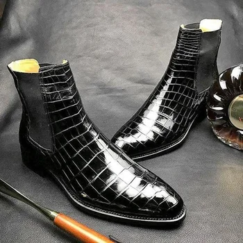 Moške Ročno Black Krokodil Vzorec Pu Chelsea Business Casual Trend Kratkih Čevlji Klasičen Modni Trend Modni Škornji HL107