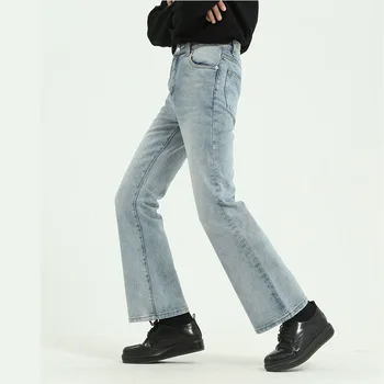 Moški Japonska Koreja Style Letnik Traper Hlače Hlače Moški Visoke Ulične Hip Hop Priložnostne Luknjo Majhne Flare Jeans Hlače