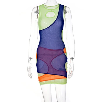 Multicolor brez Rokavov Mozaik Suh Mini Obleka Ženske Modni Očesa, spregledal Seksi Stranka Klub Y2K Clothings 2021 Poletje