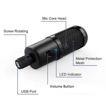 Namizni računalnik USB Kondenzatorskega Mikrofona, Mikro Kovinsko Kondenzatorski Cardioid Pickup Model Plug And Play Mikrofon