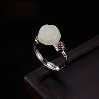 Naravni Hetian belega jade rose cvet odpiranje nastavljiv prstan Kitajski retro slogu čar ženske blagovne znamke srebrni nakit