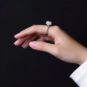 Naravni Hetian belega jade rose cvet odpiranje nastavljiv prstan Kitajski retro slogu čar ženske blagovne znamke srebrni nakit
