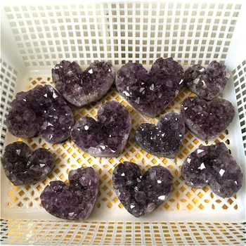 Naravni obliki srca Raw Ametist Quartz Crystal Grozdov Zdravljenje Vzorcu Dekor Kristalno kakovosti Gemstone Kamen Doma Dekor
