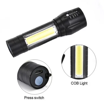 Nepremočljiva Prenosni T6 COB LED Svetilka Taktično USB Polnilne Taborjenje Luč Zoomable Poudarek Baklo Noč Noč Lučka 3 Načinu