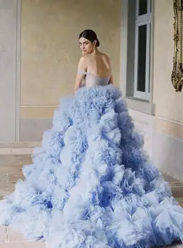 Neverjetno Oblačno Ruffles Večerne Obleke 2021 Nov Baby Blue Dolgo Prom Oblačenja Til Elegantne Poročne Stranka Obleke Fotografijo Ustrelil Obleko Po Meri