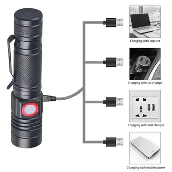 Nov izdelek promocija prodaja poceni Močan Zoom LED Luč USB Polnilna Svetilka Vodotesno Svetilko S Sponko Za Kampiranje