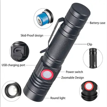 Nov izdelek promocija prodaja poceni Močan Zoom LED Luč USB Polnilna Svetilka Vodotesno Svetilko S Sponko Za Kampiranje