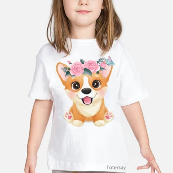 Nov prihod 2021 srčkan pse s cvetjem živali print majica s kratkimi rokavi dekliška Doberman/Labradorca/ tshirt otroci obleke poletje vrhovi za dekleta