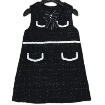 Nov prihod pomladi baby dekle, majhna dišava tweed brezrokavnik obleka otroci priložnostne lok slim a-line oblačenja