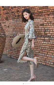 Nova jesensko Kitajski retro slogu mandarin ovratnik slim vezene high-end izboljšano big-sleeved Cheongsam obleko za ženske