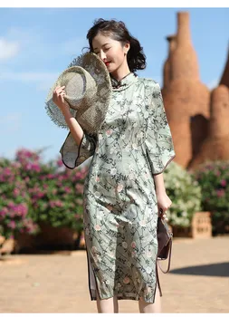 Nova jesensko Kitajski retro slogu mandarin ovratnik slim vezene high-end izboljšano big-sleeved Cheongsam obleko za ženske