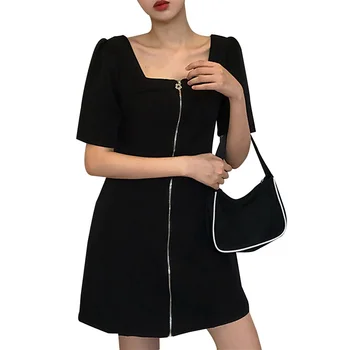 Nova Zasnova Luksuzni Kvadratnih Vratu Zadrgo Obleko Poletje Slim Starost Zmanjšanje Kratko Črno Elegantno Moda Obleko