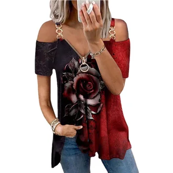 Nove ženske brez naramnic loose majica s kratkimi rokavi ženske vrh poleti Proti-vrat 3D rose šivom barve kratki rokavi T-shirt plus velikost oblačila
