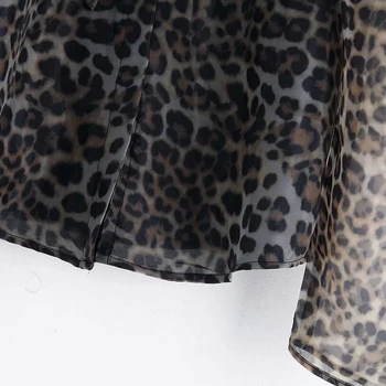 Nove Ženske Letnik Puff Rokav Živali Teksturo Tiskanja Pregleden Organza Kimono Bluzo Majice Ženske Lok Leopard Blusas Vrhovi