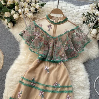 Nove Ženske obleke Haljo Femme 2021 Poletje Retro O-vratu Vezene Ruffles Plašč Rokav A-line Obleko Elegantno Vestidos De Mujer