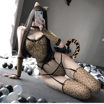 Novi Seksi Leopard Tiskanja Cosplay Ženske Divje Živali Halloween Kostum za Noč Klub Mačka pustna Glavo Roleplay Enotno 5CAB
