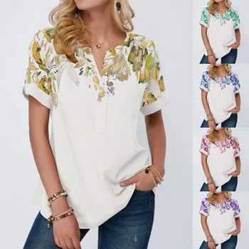 Novi Vrhovi Velikosti Bluzo Žensk Poletje T Shirt 2021 Kratka Sleeved V Vratu Srajce Moda Priložnostne Cvjetnim Tiskanja Elegantno Bluze