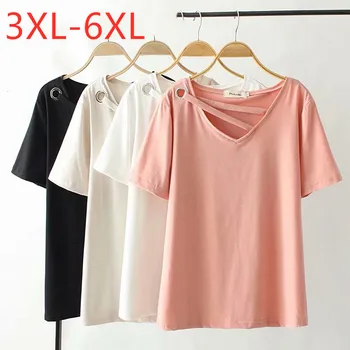 Novo 2021 poletje Koreja plus velikost vrhovi za ženske velika svoboden priložnostne bombaža, kratek rokav roza belo Proti vratu T-shirt 3XL 4XL 5XL 6XL