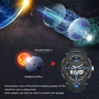 Novo 2021 SMAEL blagovne Znamke Sončne Energije Watch Digitalna Quartz Moške Športne Ure Večnamensko Dvojni Čas na Prostem, Vojaško ročno uro