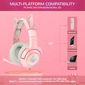Novo K9 LED Mačje Uho Gaming Roza 7.1 Slušalke Stereo Zvok Izmenljive Hrupa Preklic RGB izhod za Slušalke žične Slušalke Z Mikrofonom