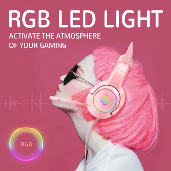 Novo K9 LED Mačje Uho Gaming Roza 7.1 Slušalke Stereo Zvok Izmenljive Hrupa Preklic RGB izhod za Slušalke žične Slušalke Z Mikrofonom