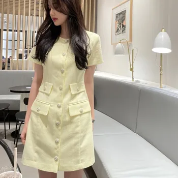 Novo Prispeli 2021 Poletje Korejski Elegantno Temperament Tweed Obleko O-Vratu Enotni-Zapenjanje Kratka Sleeved Chic Oblačenja Vestidos
