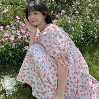 Obleka Ženske Svoboden Tisk Kawaii Sladko Korejskem Slogu Mujer Trendy Počitnice Povoj Maxi Mehko Poletje Design Priljubljena Ins Sundress Nova