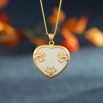 Oblikovalec izvirno novo vdelan naravnih Hetian jade obliki srca ogrlico, obesek, elegantno temperament lady srebrni nakit