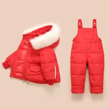 Otroci Baby smučarski kombinezon 2pcs Določa Velike Krzno Ovratnik Dol Jopiči+Toplo Jumpsuit 2021 Nove Zimske Malčka, Fantje, Dekleta Obleke Smučanje