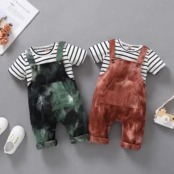 Otrok, dojenček fant Prugasta kratek rokav + tie-dye velvet kombinezon 2pcs set Home prosti čas Fantje baby set 2021 spomladi nova moda