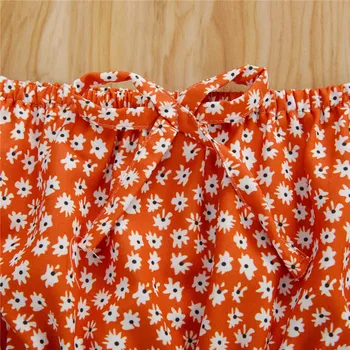 Otrok, Dojenček Poletno Obleko Oranžna Cvetlični Off Ramenski Kratek Rokav Vrh Ripped Kavbojke Traper Hlače, Obleke za Malčka Dekle 2PCS Set