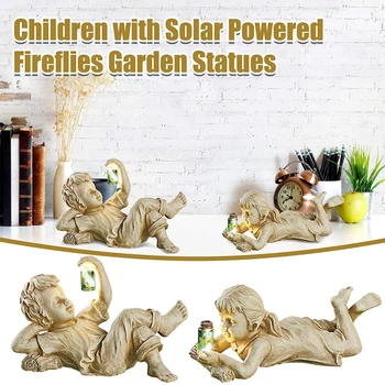 Otrok Kip Dekorativni Sončne Osvetljeno Smolo Kiparstvo Fant Dekle Kiparstvo Vrt Dekoracijo za Okrasitev Dekor Dodatki